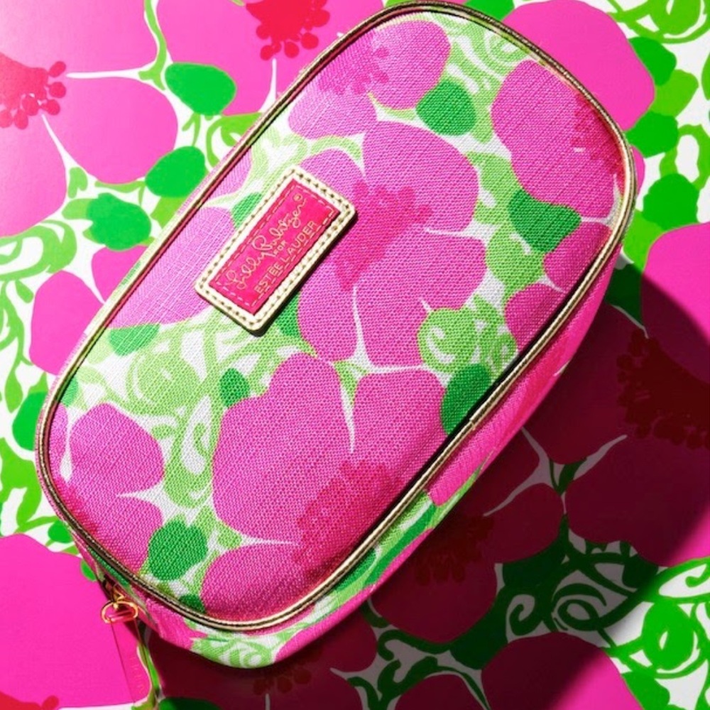 Lilly Pulitzer x Estee Lauder Floral Zip Around Cosmetic Makeup Bag Gold Trim